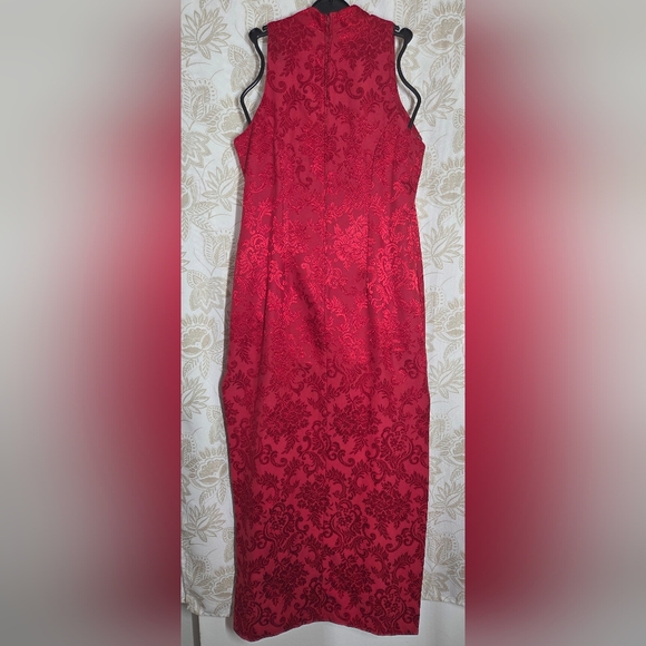 VTG 90'S AMAZING USA RED ORIENTAL ASIAN STYLE FLORAL DRESS SIDE SPLIT sz LARGE - Picture 2 of 14